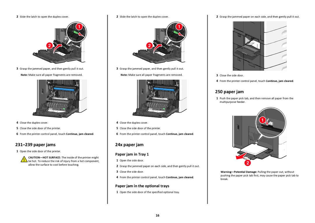 Lexmark 47BT021, 47B1285 manual 24x paper jam, Paper jam in Tray, Paper jam in the optional trays 