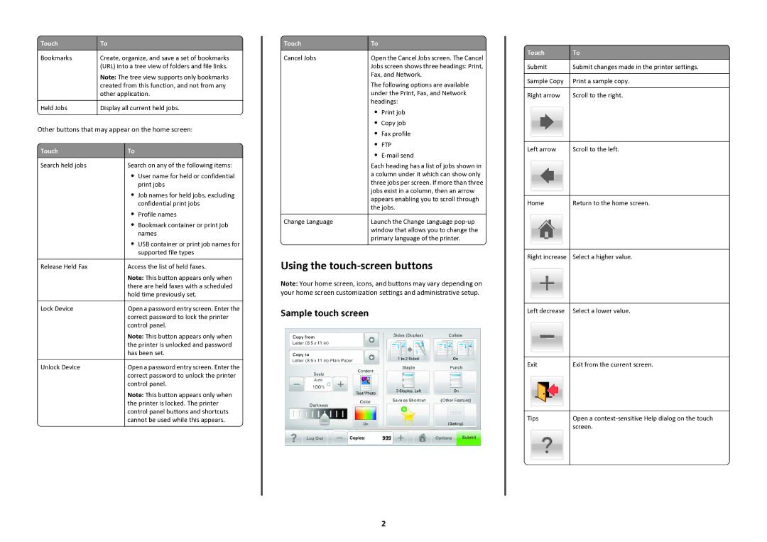 Lexmark 47BT021, 47B1285 manual Using the touch-screen buttons, Sample touch screen 