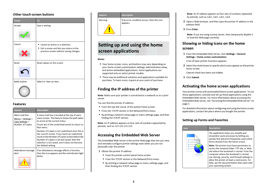 Lexmark 47B1285, 47BT021 manual Setting up and using the home screen applications, Finding the IP address of the printer 