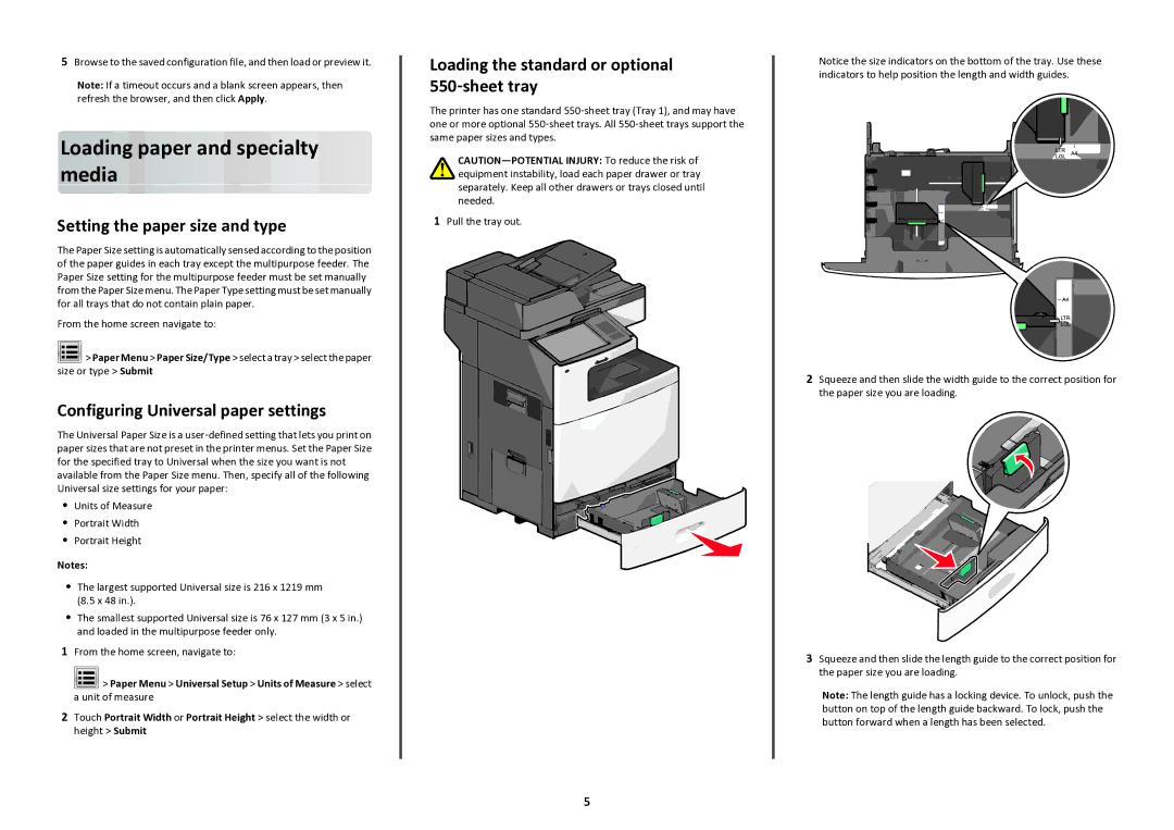 Lexmark 47B1285 Loading paper and specialty media, Setting the paper size and type, Configuring Universal paper settings 