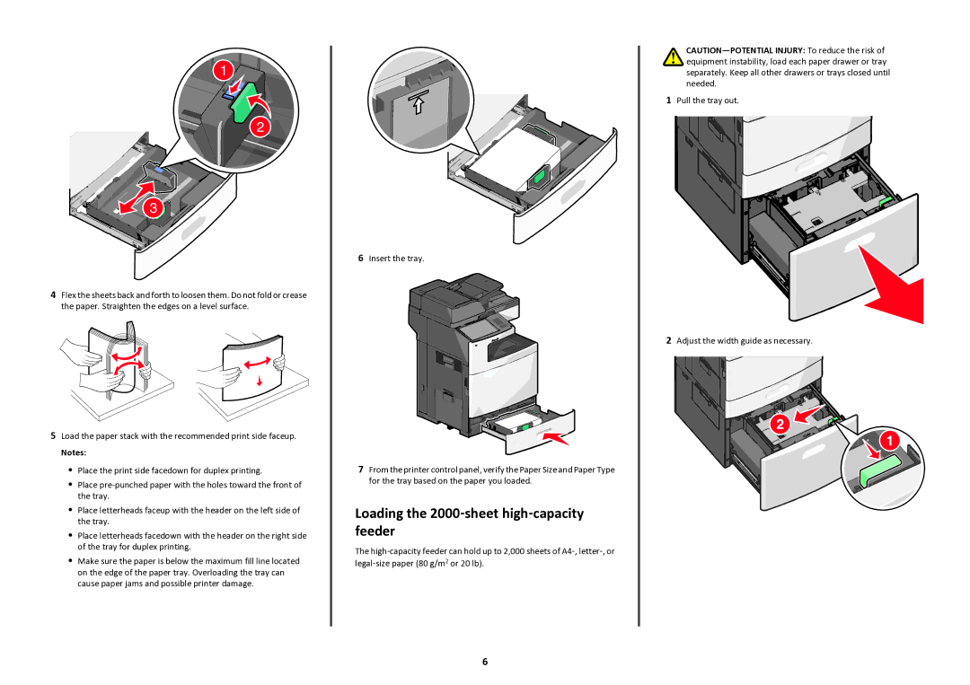 Lexmark 47BT021, 47B1285 manual Loading the 2000‑sheet high‑capacity feeder 