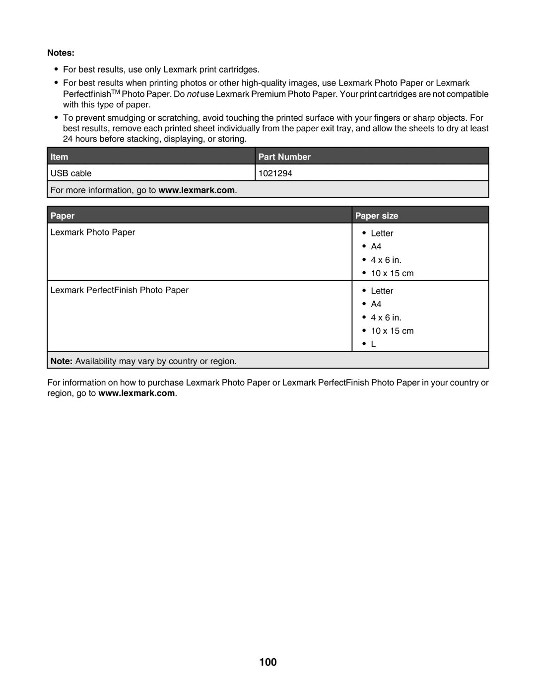 Lexmark 4800 Series manual 100, Part Number, Paper size 