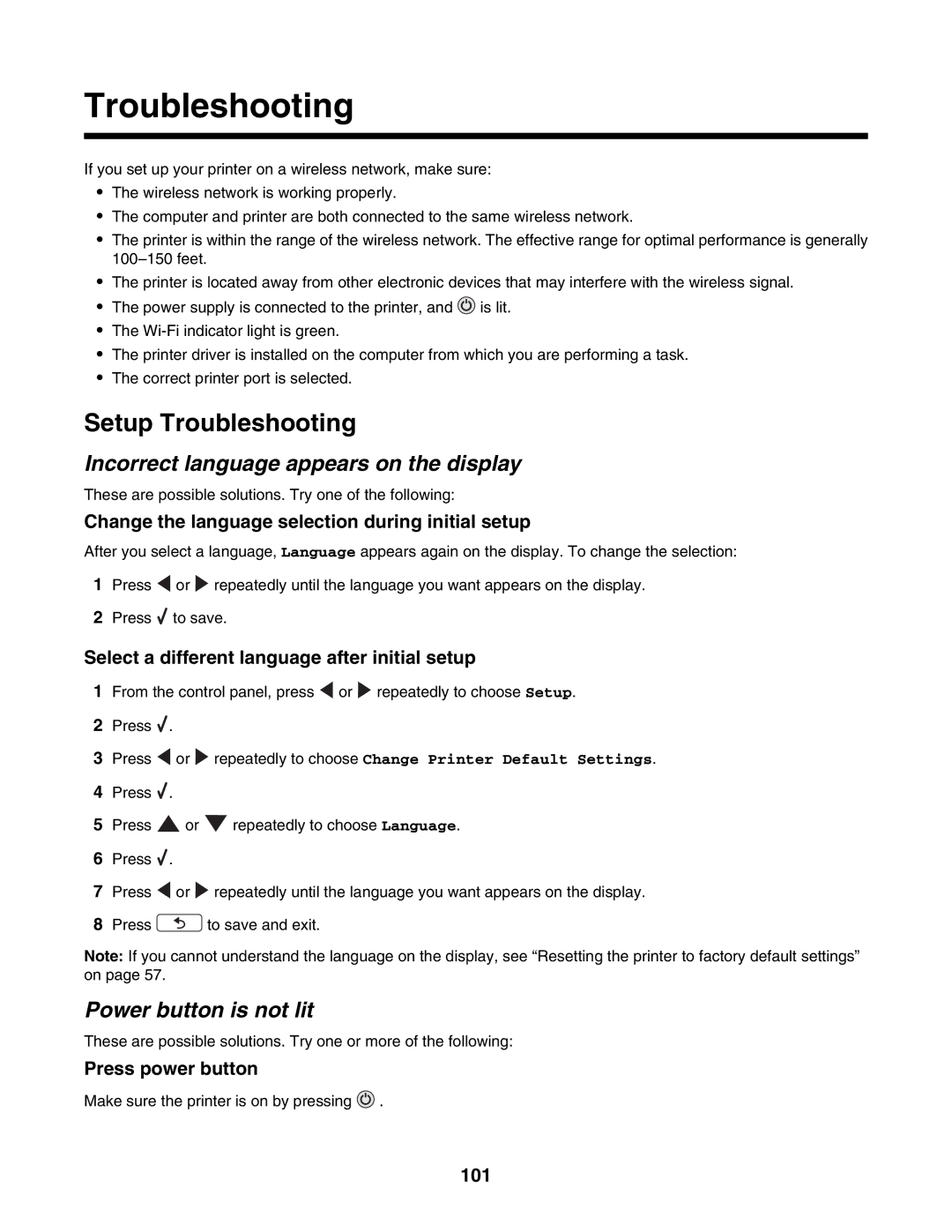 Lexmark 4800 Series manual Setup Troubleshooting, Incorrect language appears on the display, Power button is not lit 