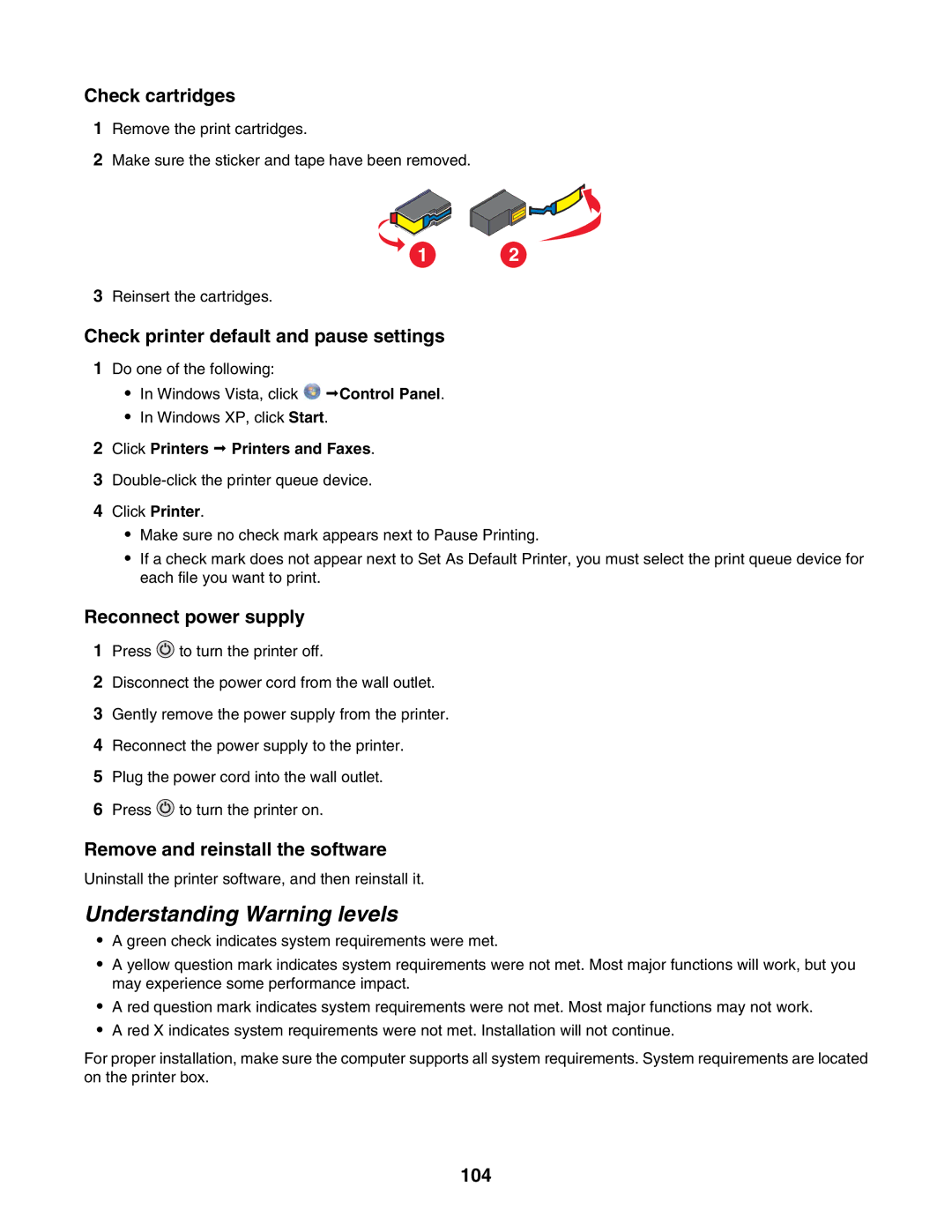 Lexmark 4800 Series manual Understanding Warning levels, Check cartridges, Check printer default and pause settings, 104 