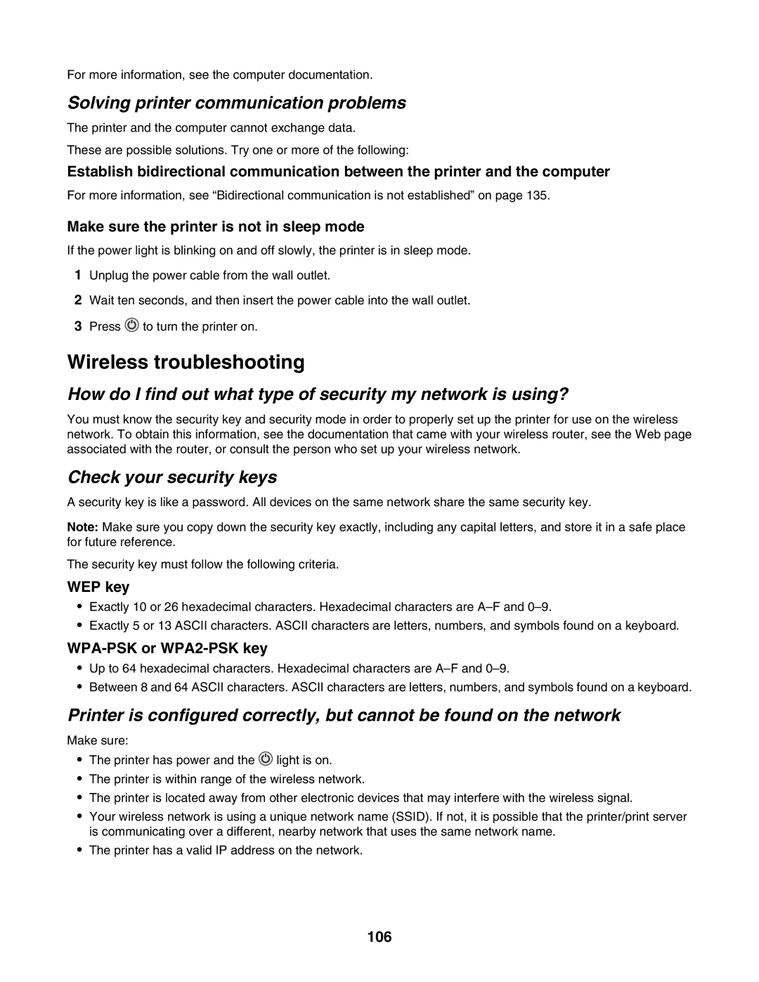 Lexmark 4800 Series manual Wireless troubleshooting, Solving printer communication problems, Check your security keys 