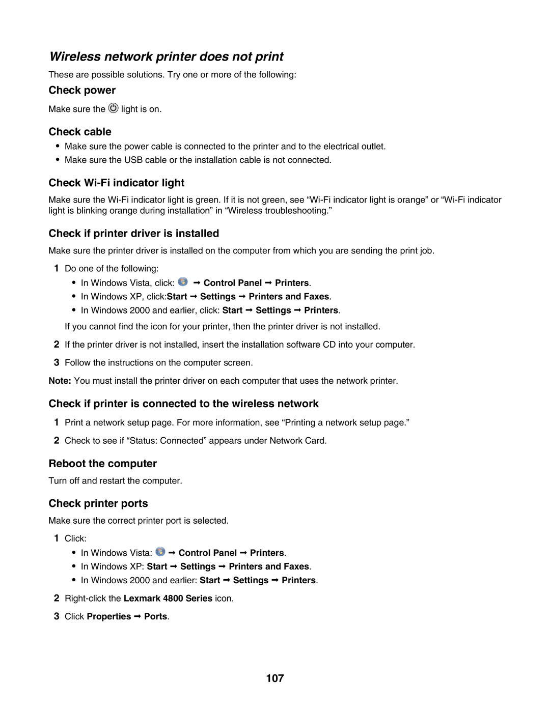 Lexmark 4800 Series manual Wireless network printer does not print 