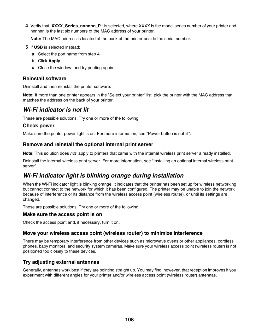 Lexmark 4800 Series manual Wi-Fi indicator is not lit 