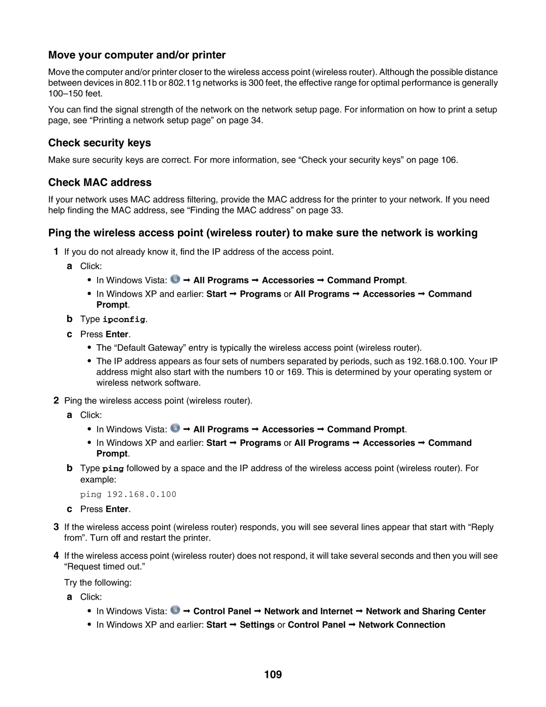 Lexmark 4800 Series manual Move your computer and/or printer, Check security keys, Check MAC address, 109 