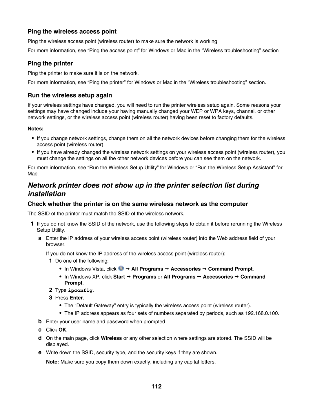 Lexmark 4800 Series manual Ping the wireless access point, Ping the printer, 112 