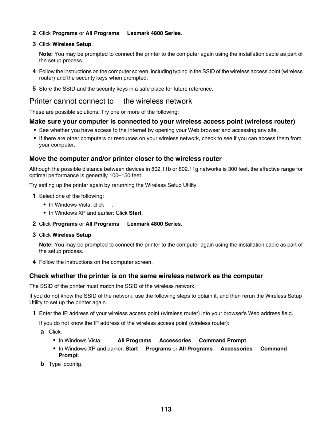 Lexmark 4800 Series manual Printer cannot connect to the wireless network, 113 