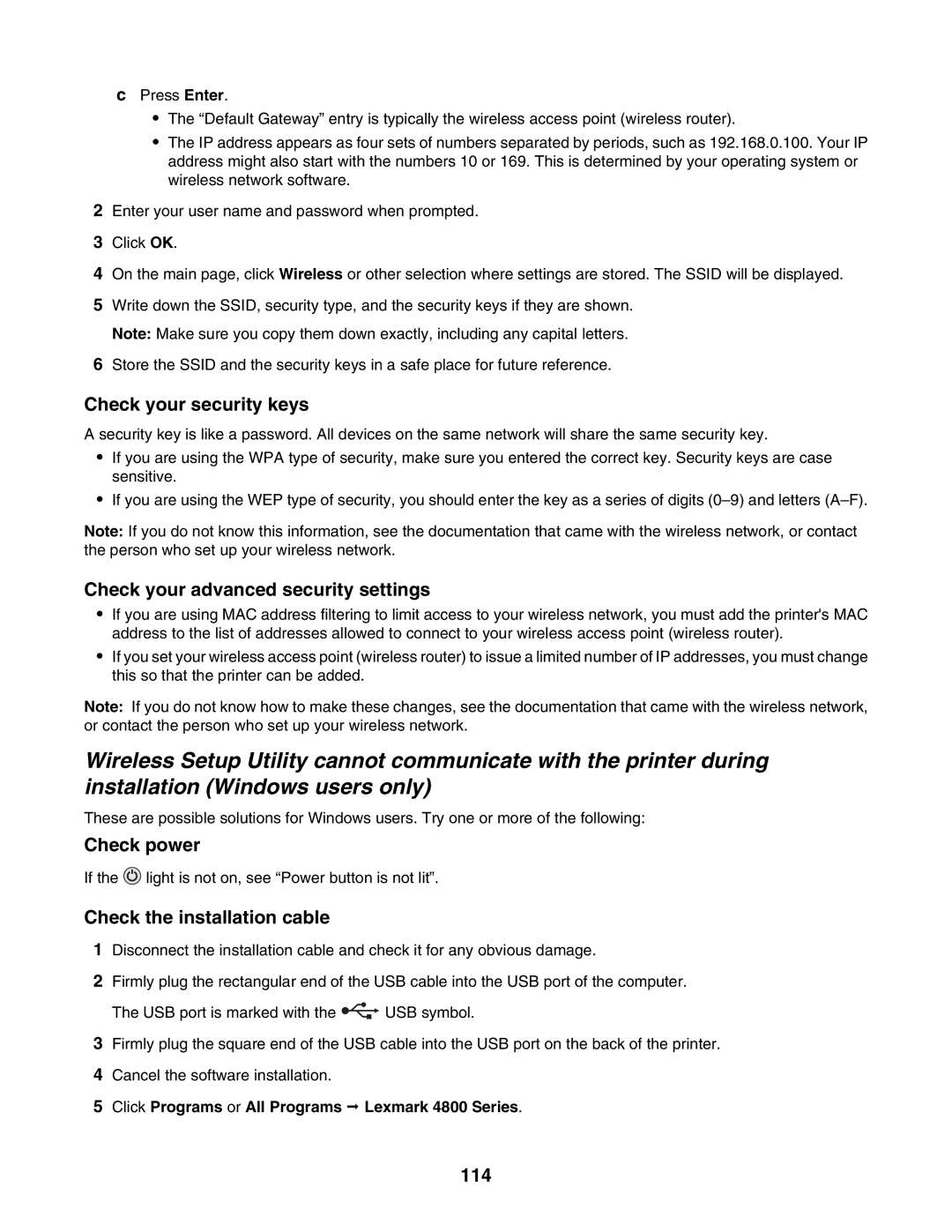 Lexmark 4800 Series Check your security keys, Check your advanced security settings, Check the installation cable, 114 