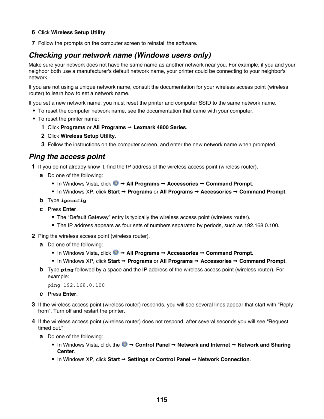 Lexmark 4800 Series manual Checking your network name Windows users only, Ping the access point, 115 