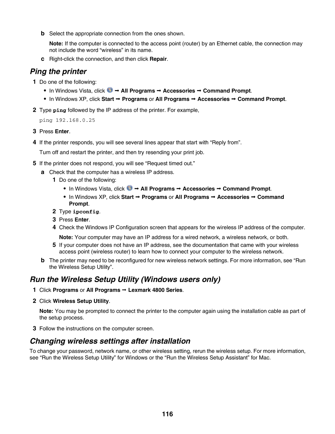 Lexmark 4800 Series manual Ping the printer, Run the Wireless Setup Utility Windows users only, 116 