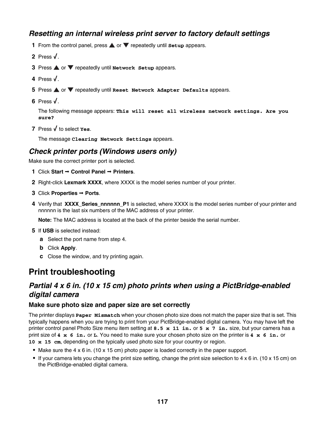 Lexmark 4800 Series manual Print troubleshooting, Check printer ports Windows users only, 117 