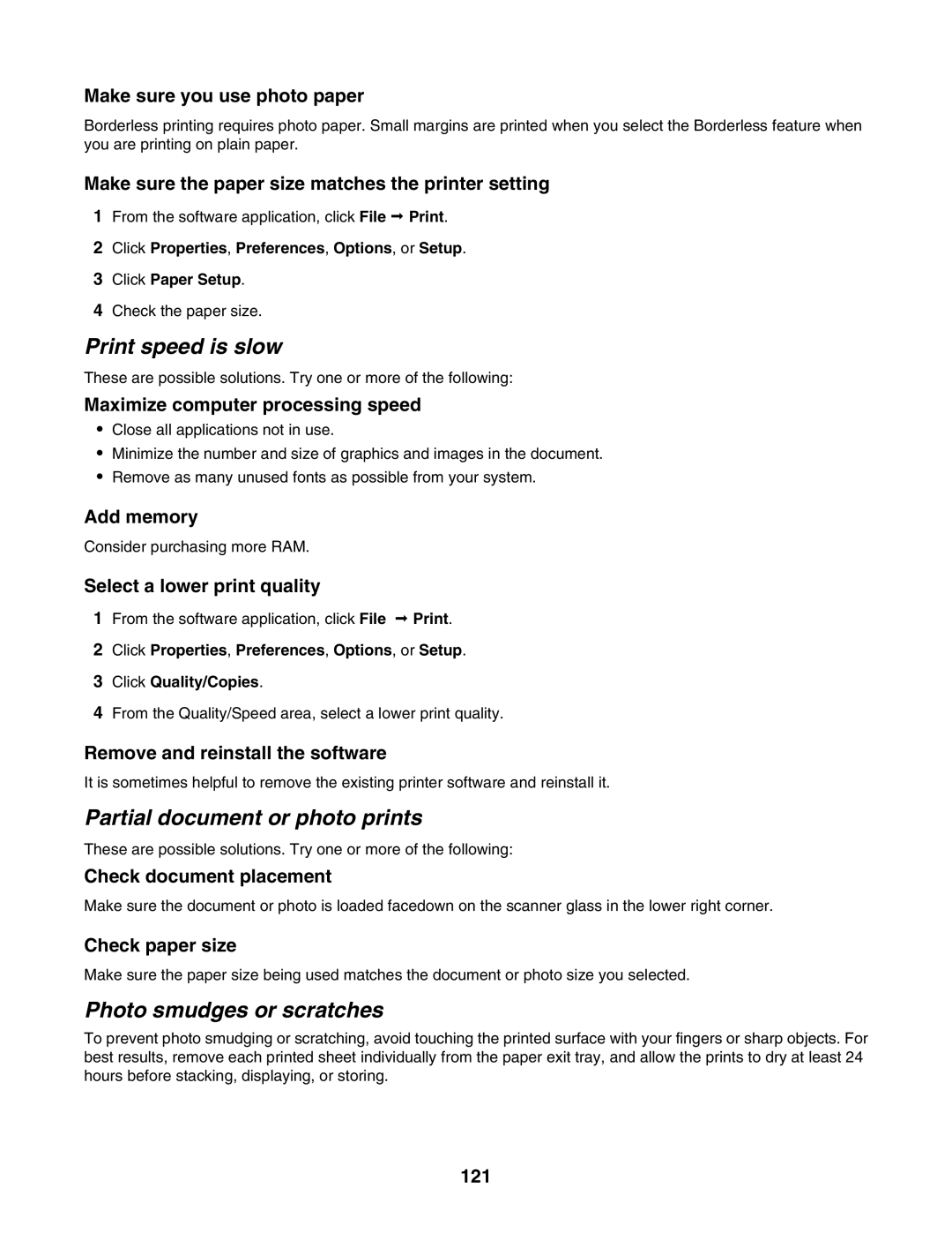 Lexmark 4800 Series manual Print speed is slow, Partial document or photo prints, Photo smudges or scratches 