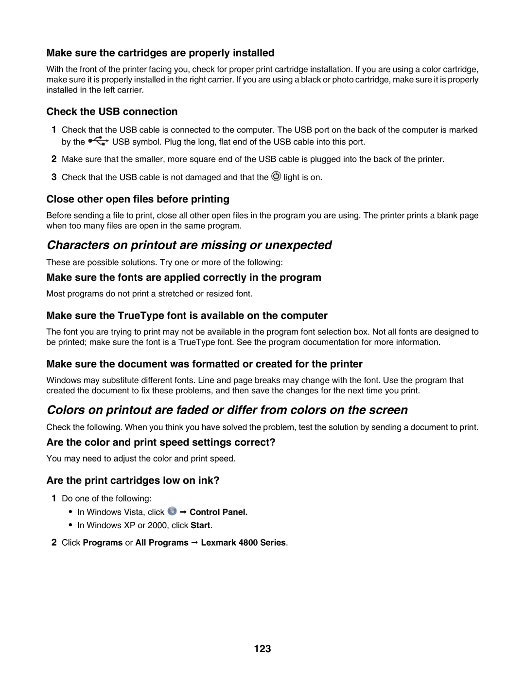 Lexmark 4800 Series manual Characters on printout are missing or unexpected 