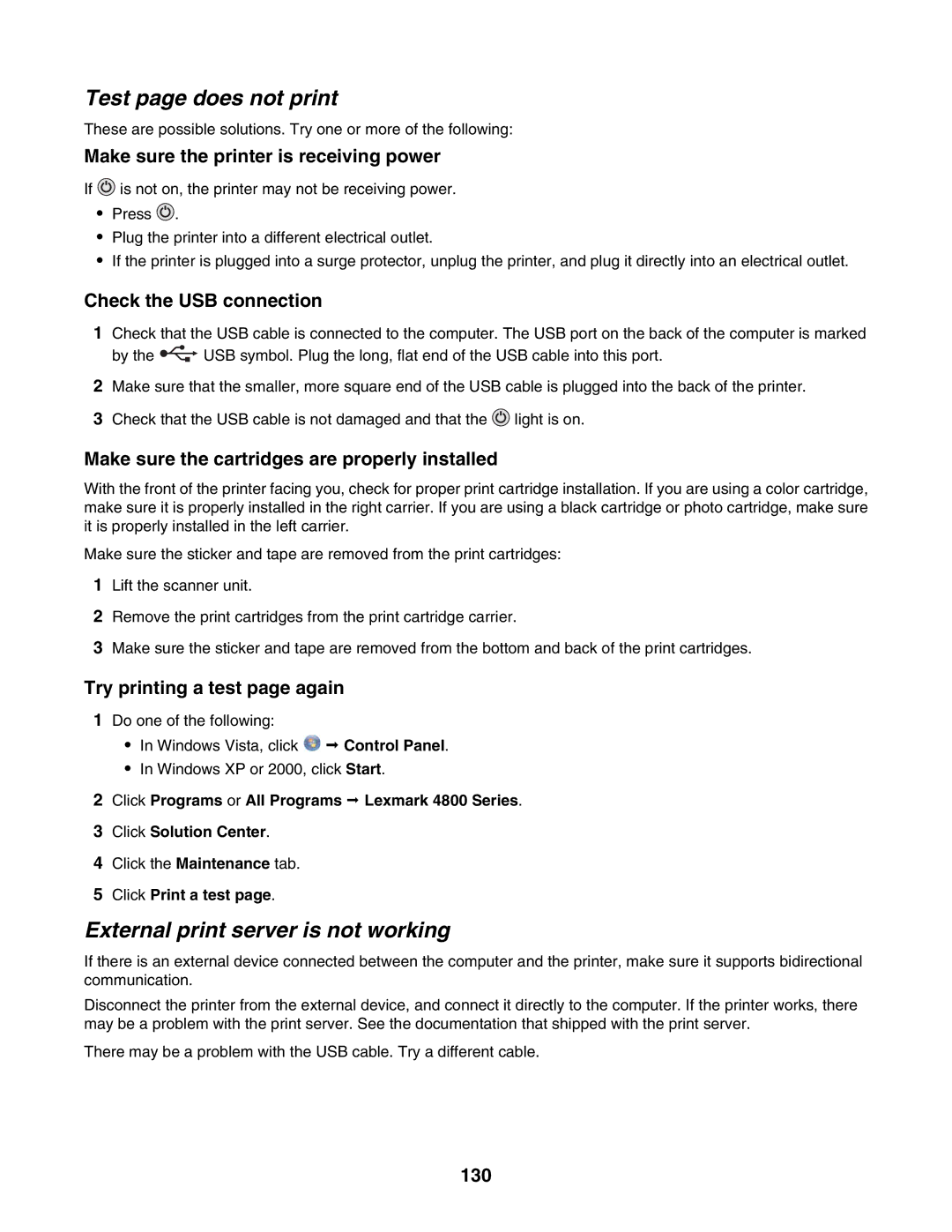 Lexmark 4800 Series Test page does not print, External print server is not working, Try printing a test page again, 130 