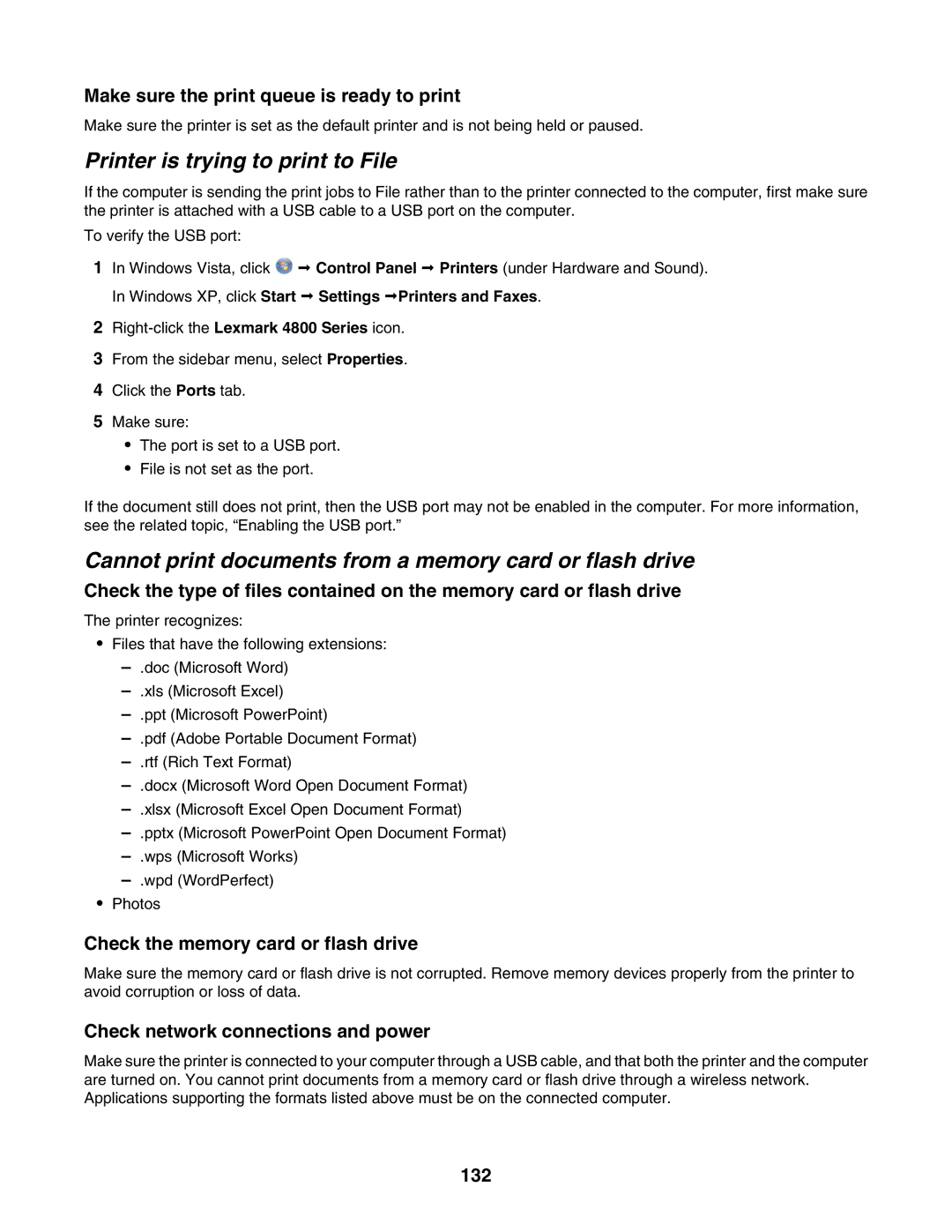 Lexmark 4800 Series manual Printer is trying to print to File, Cannot print documents from a memory card or flash drive 