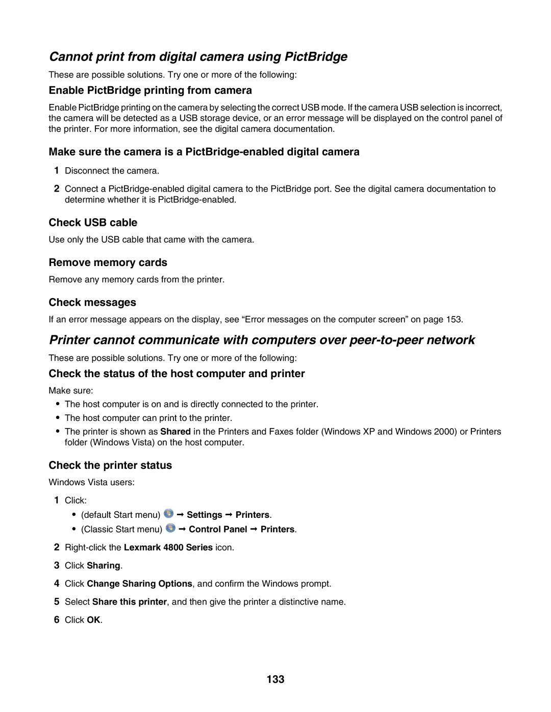 Lexmark 4800 Series manual Cannot print from digital camera using PictBridge 