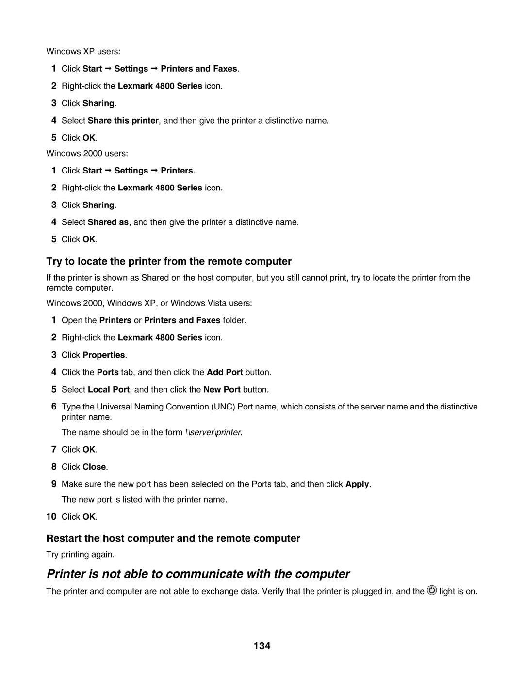 Lexmark 4800 Series manual Printer is not able to communicate with the computer, 134 