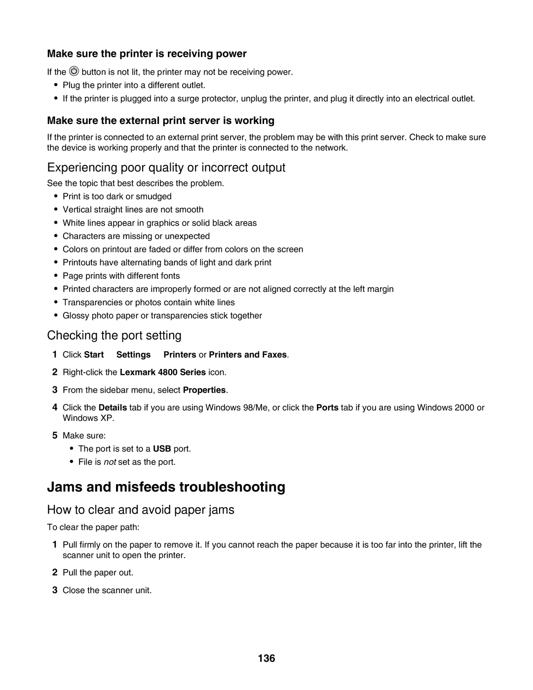 Lexmark 4800 Series manual Jams and misfeeds troubleshooting, Experiencing poor quality or incorrect output 