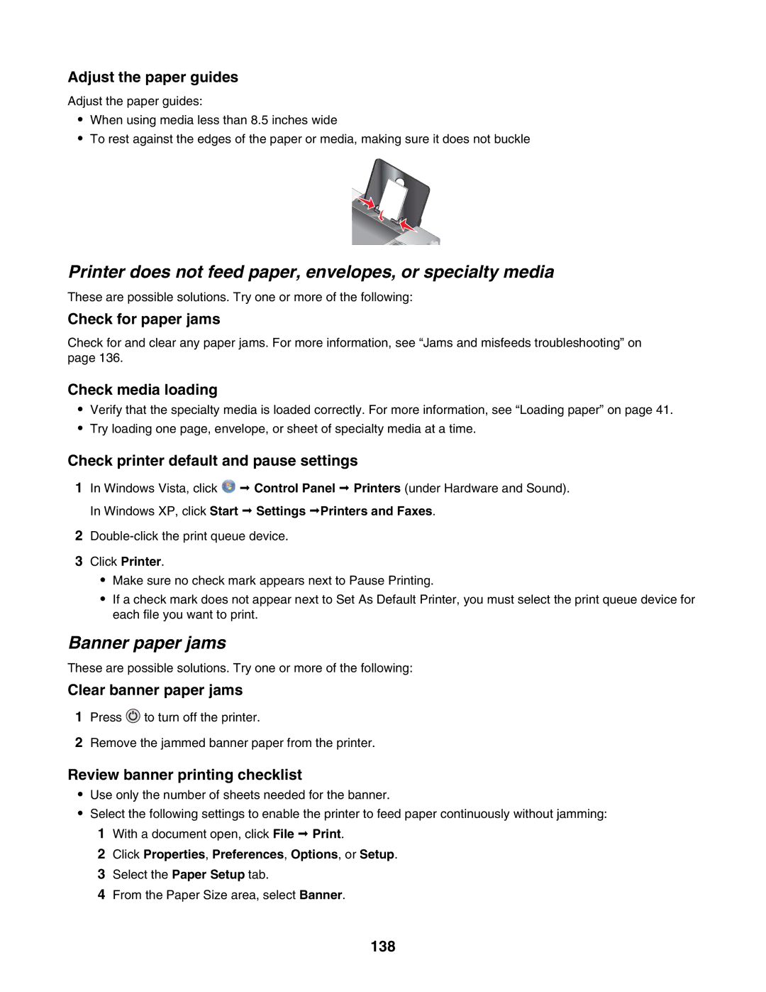 Lexmark 4800 Series manual Printer does not feed paper, envelopes, or specialty media, Banner paper jams 