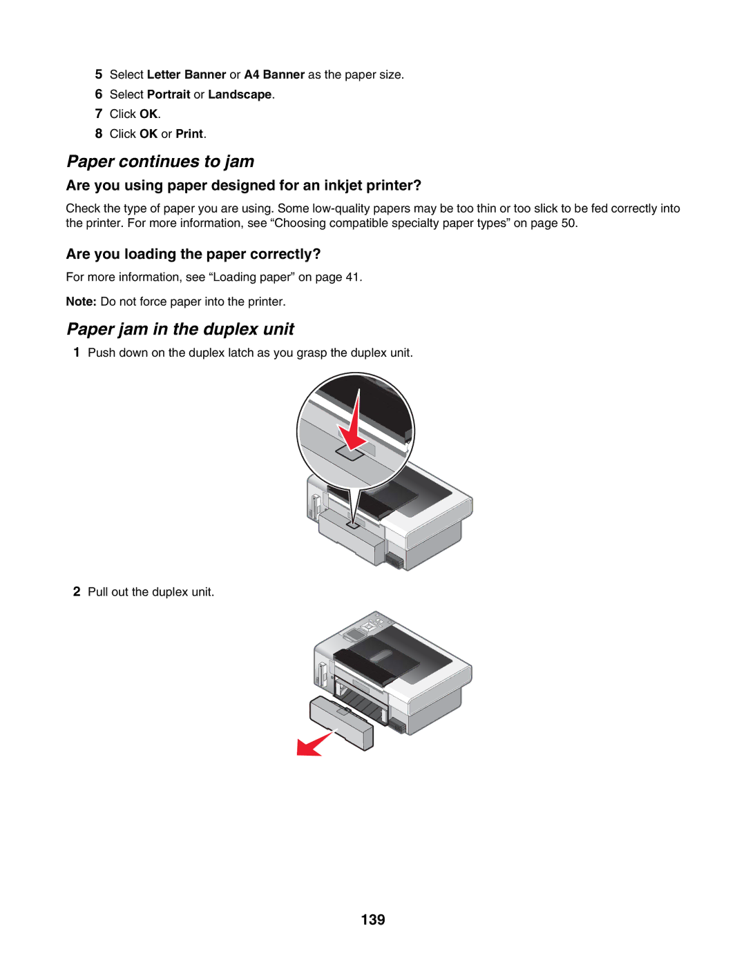 Lexmark 4800 Series manual Paper continues to jam, Paper jam in the duplex unit, Are you loading the paper correctly?, 139 