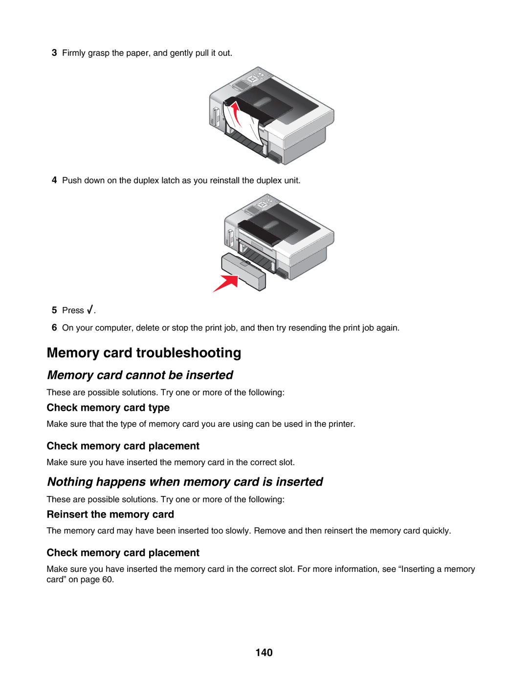 Lexmark 4800 Series manual Memory card troubleshooting, Memory card cannot be inserted 