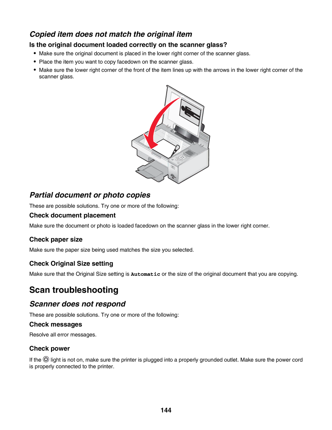 Lexmark 4800 Series Scan troubleshooting, Copied item does not match the original item, Partial document or photo copies 