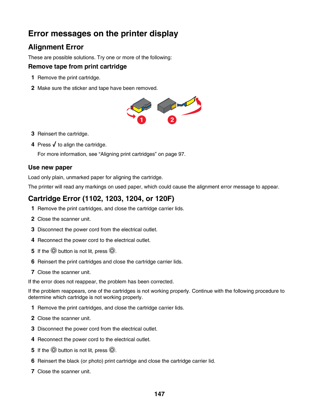 Lexmark 4800 Series manual Error messages on the printer display, Remove tape from print cartridge, Use new paper, 147 