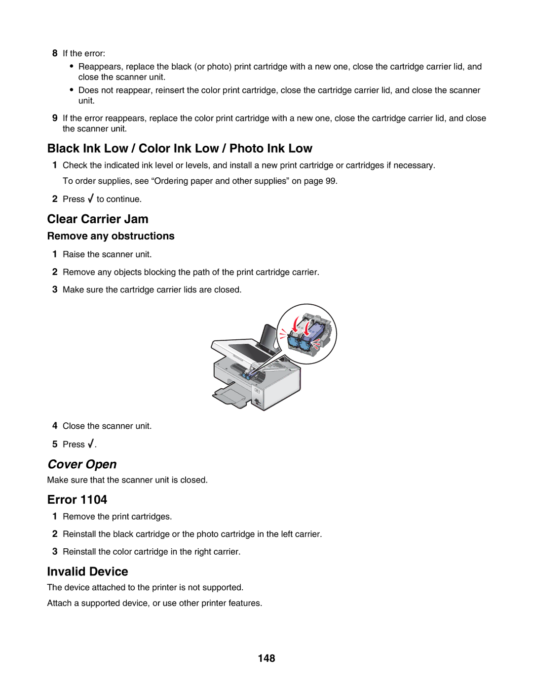 Lexmark 4800 Series manual Cover Open, Remove any obstructions, 148 