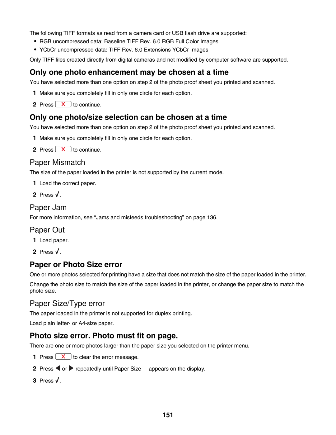 Lexmark 4800 Series manual Paper Mismatch, Paper Jam, Paper Out, Paper Size/Type error, 151 