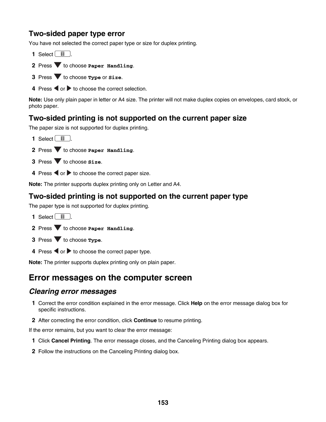 Lexmark 4800 Series manual Error messages on the computer screen, Clearing error messages, 153 