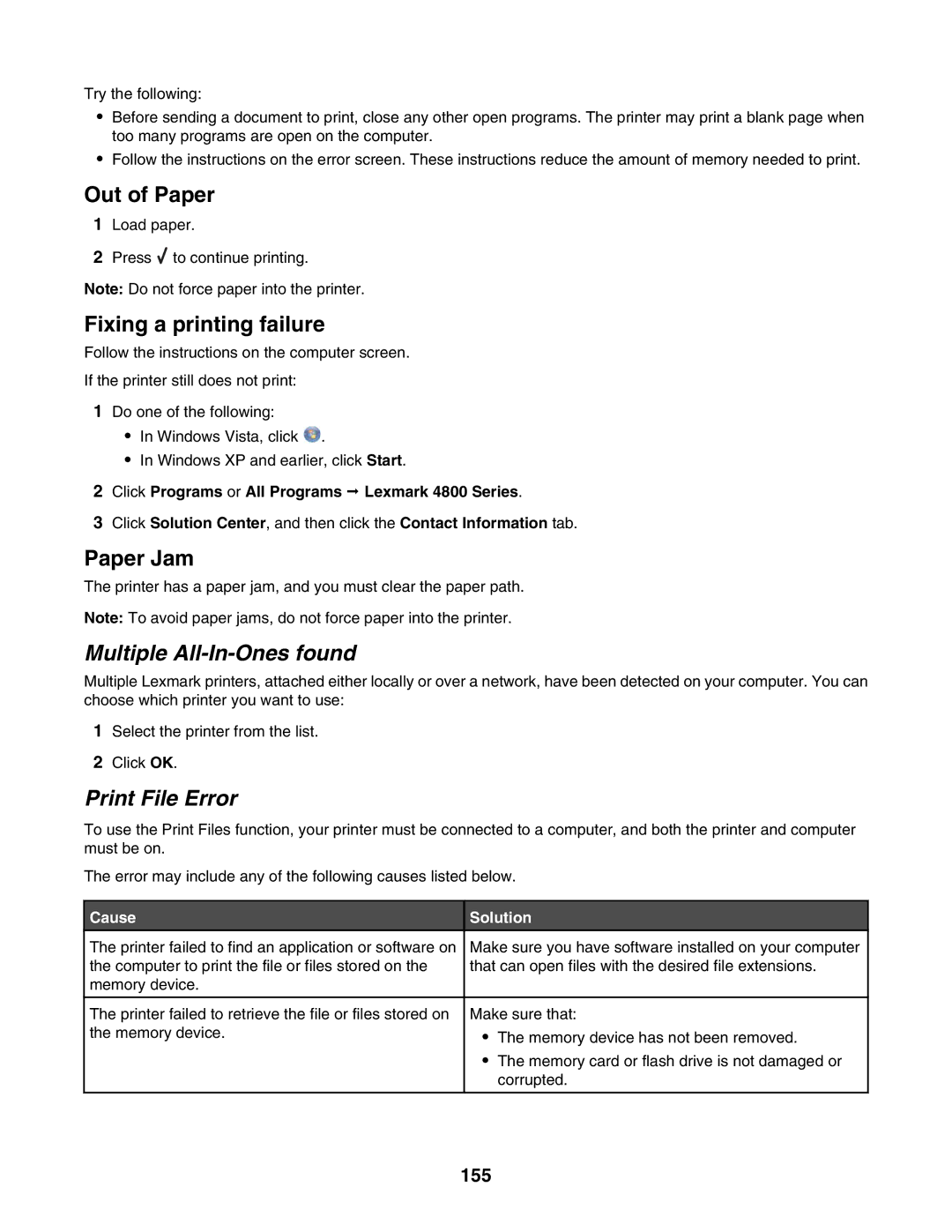 Lexmark 4800 Series manual Multiple All-In-Ones found, Print File Error, 155 