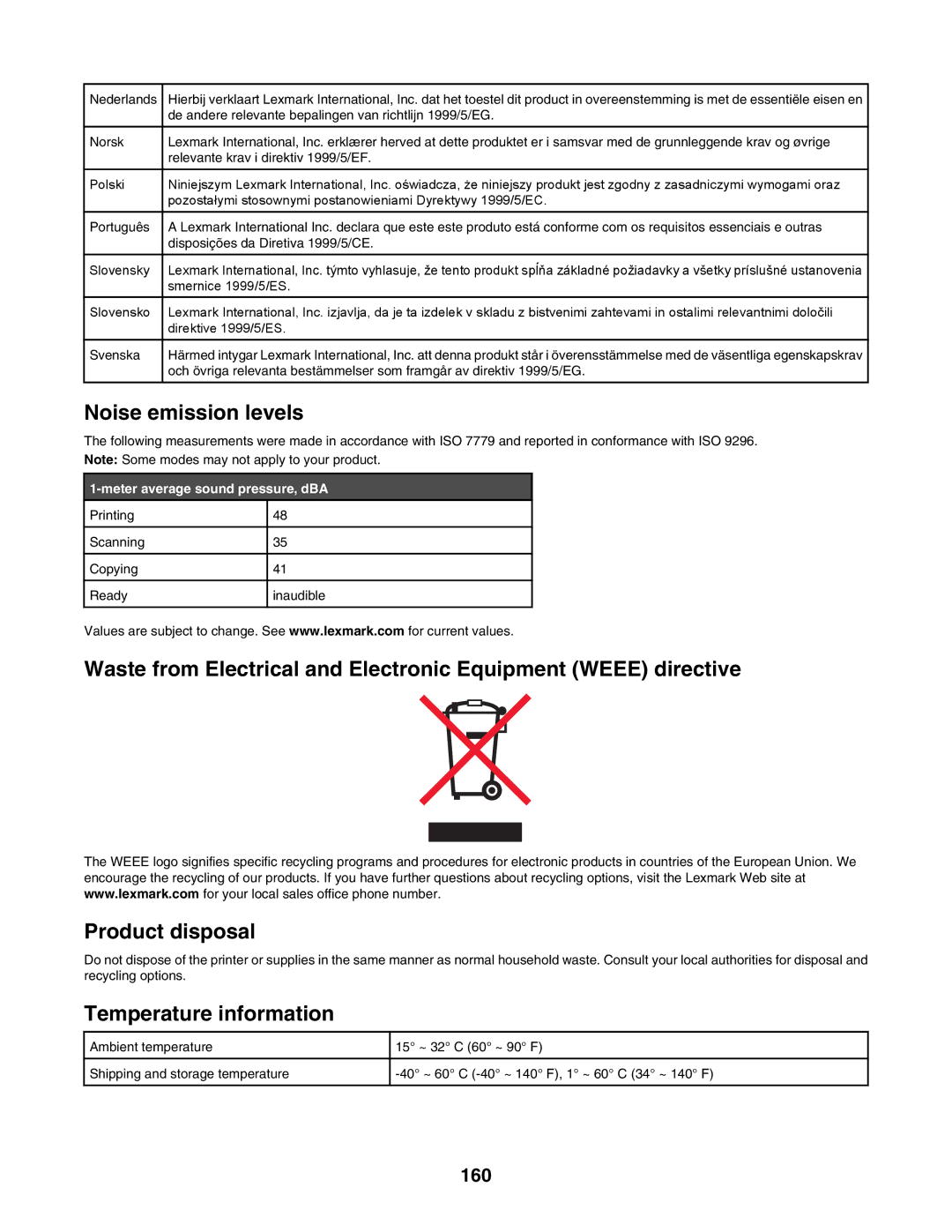 Lexmark 4800 Series manual Noise emission levels, 160 