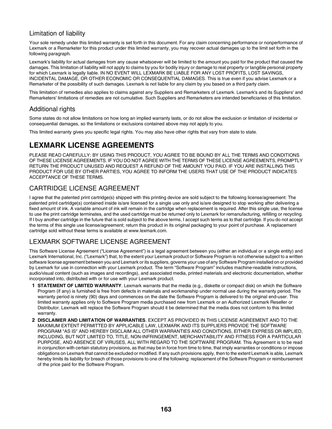 Lexmark 4800 Series manual Limitation of liability, 163 