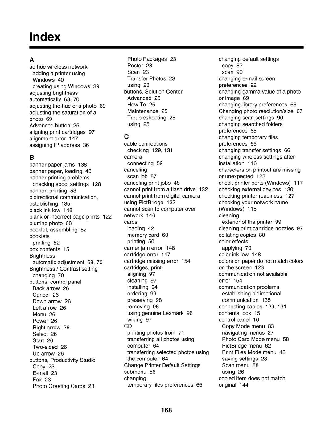 Lexmark 4800 Series manual Index, 168 