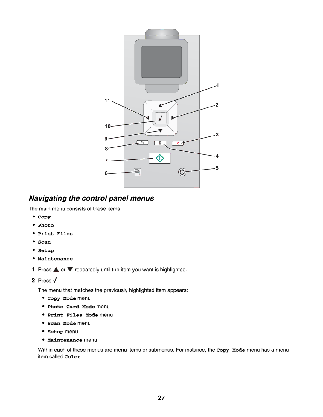 Lexmark 4800 Series manual Navigating the control panel menus, Copy Photo Print Files Scan Setup Maintenance 