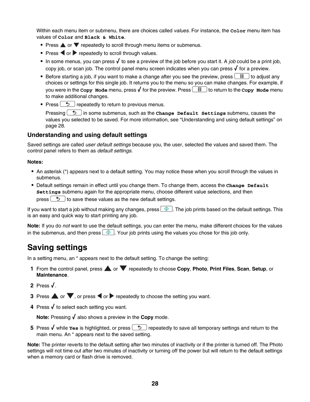 Lexmark 4800 Series manual Saving settings, Understanding and using default settings 