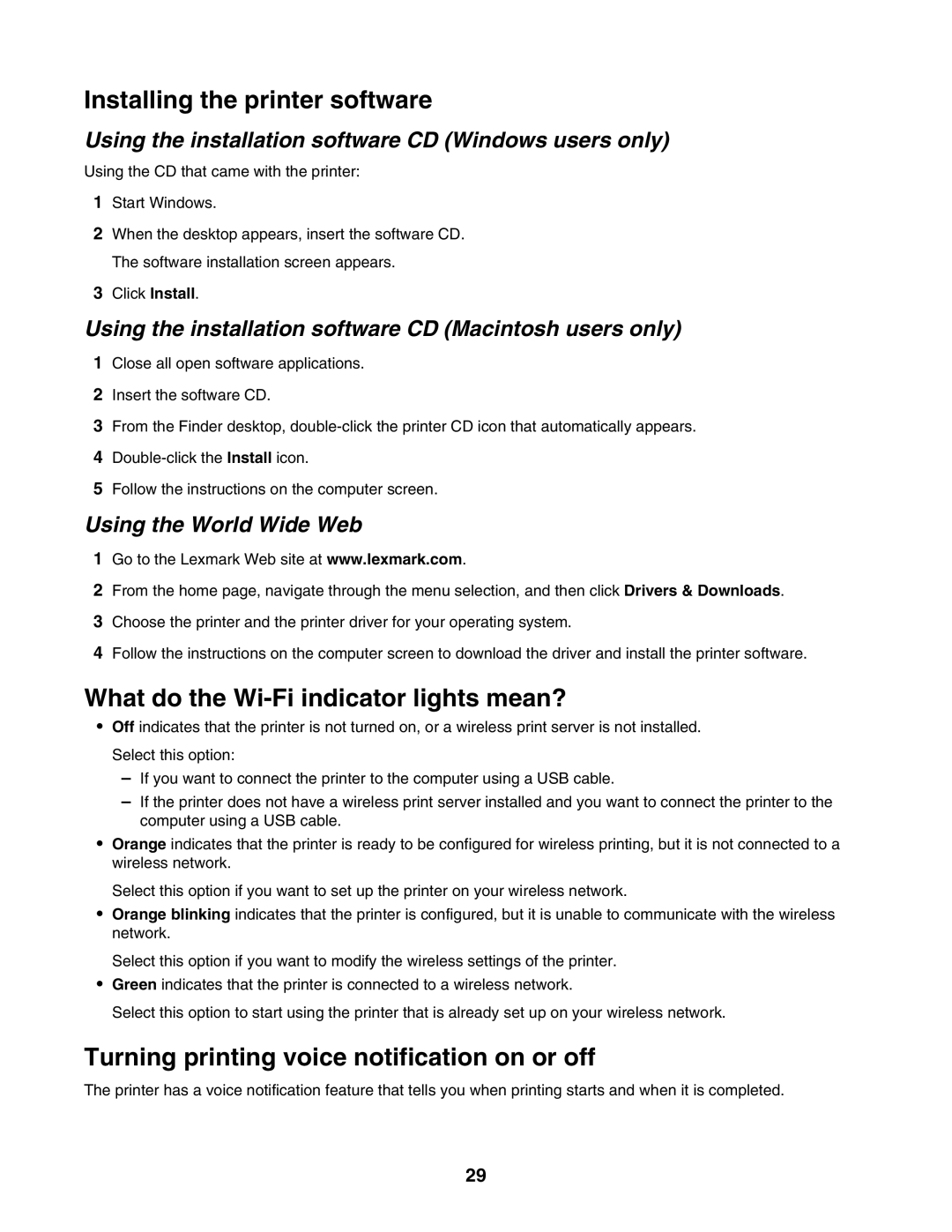 Lexmark 4800 Series manual Installing the printer software, What do the Wi-Fi indicator lights mean? 