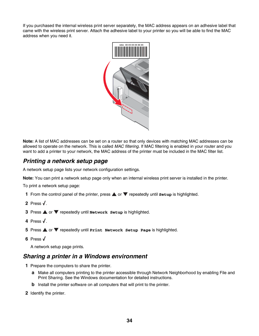 Lexmark 4800 Series manual Printing a network setup, Sharing a printer in a Windows environment 