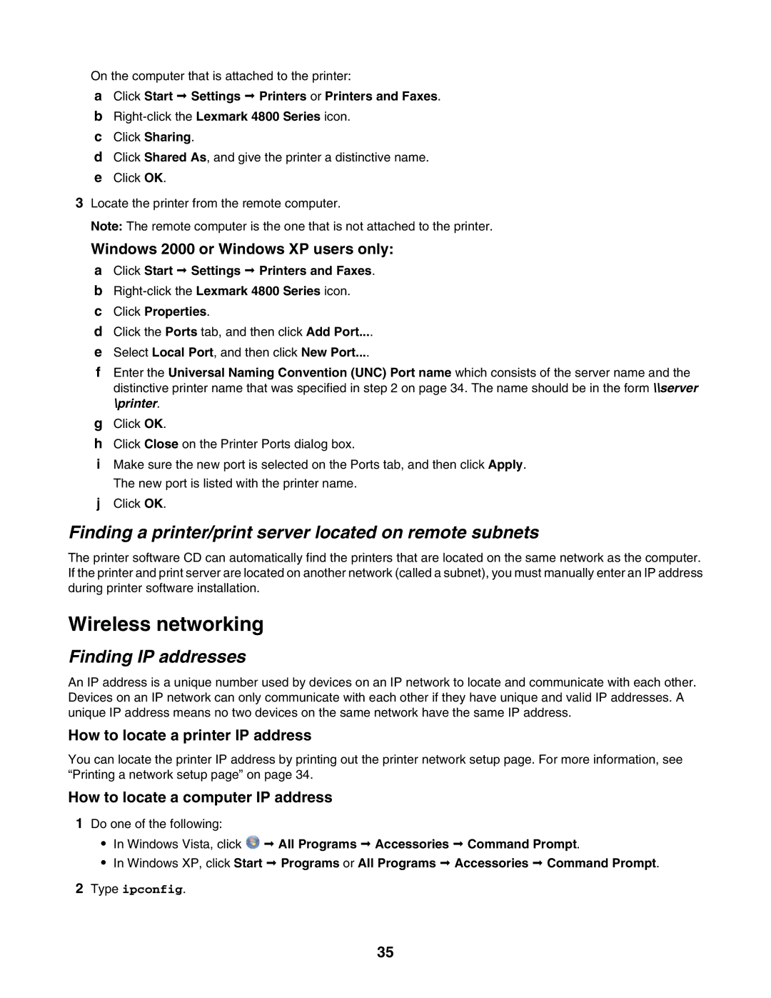 Lexmark 4800 Series Wireless networking, Finding a printer/print server located on remote subnets, Finding IP addresses 