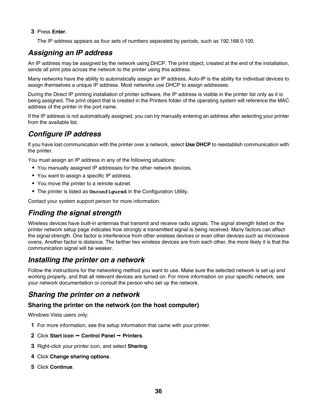 Lexmark 4800 Series manual Assigning an IP address, Configure IP address, Finding the signal strength 