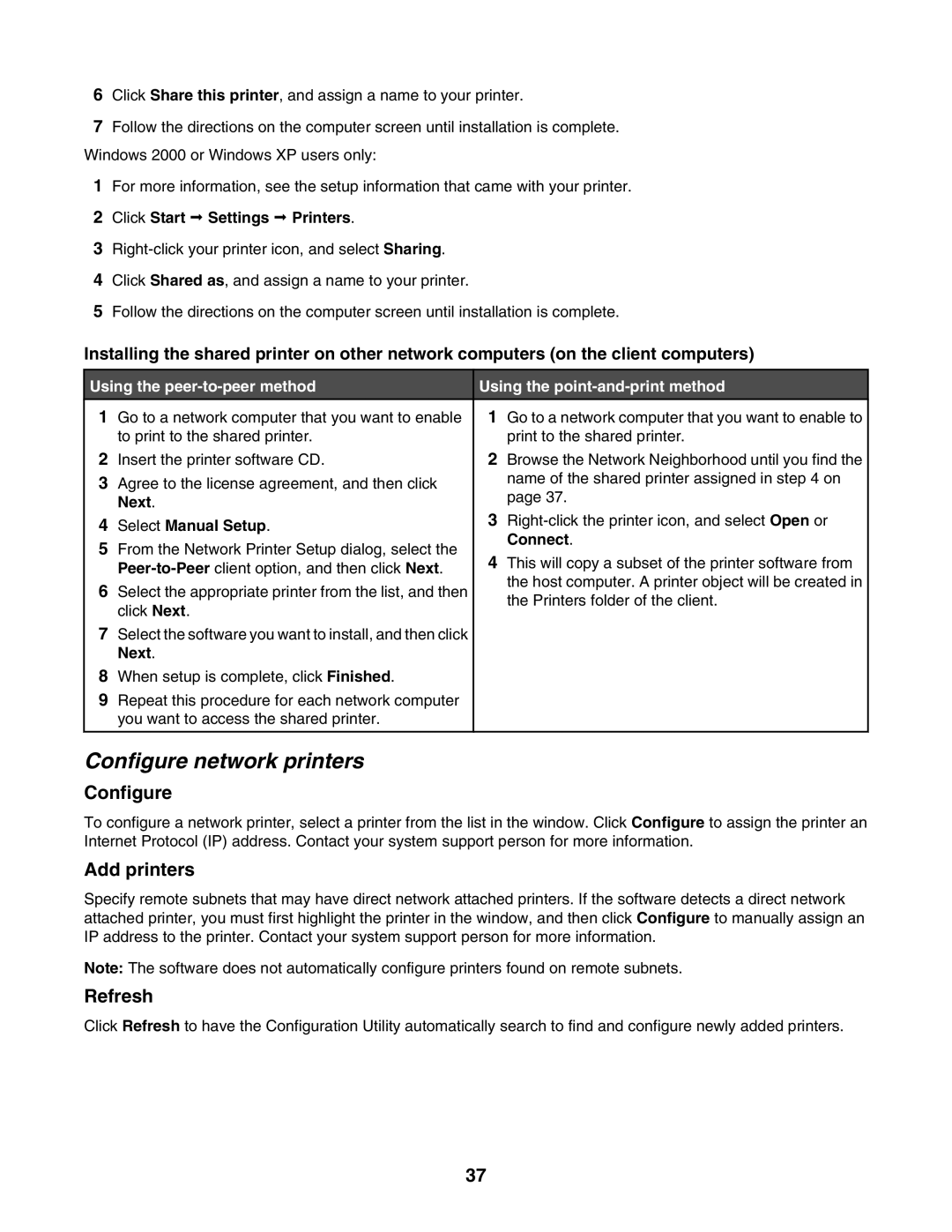 Lexmark 4800 Series manual Configure network printers, Add printers, Refresh 