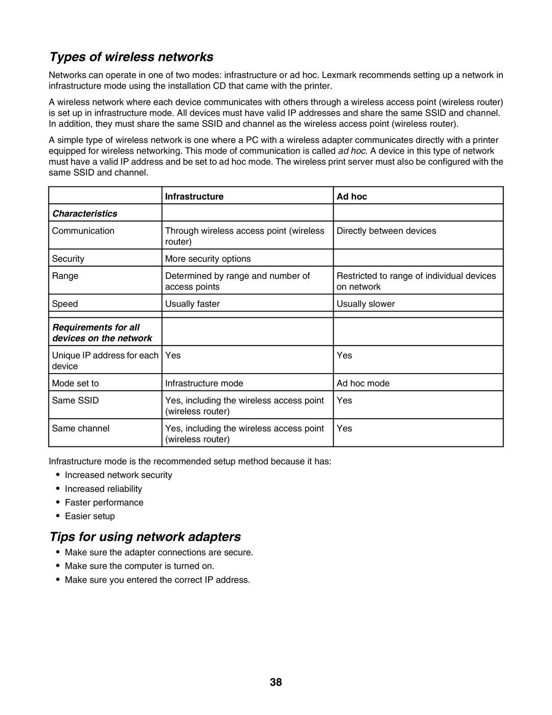 Lexmark 4800 Series manual Types of wireless networks, Tips for using network adapters, Infrastructure, Ad hoc 