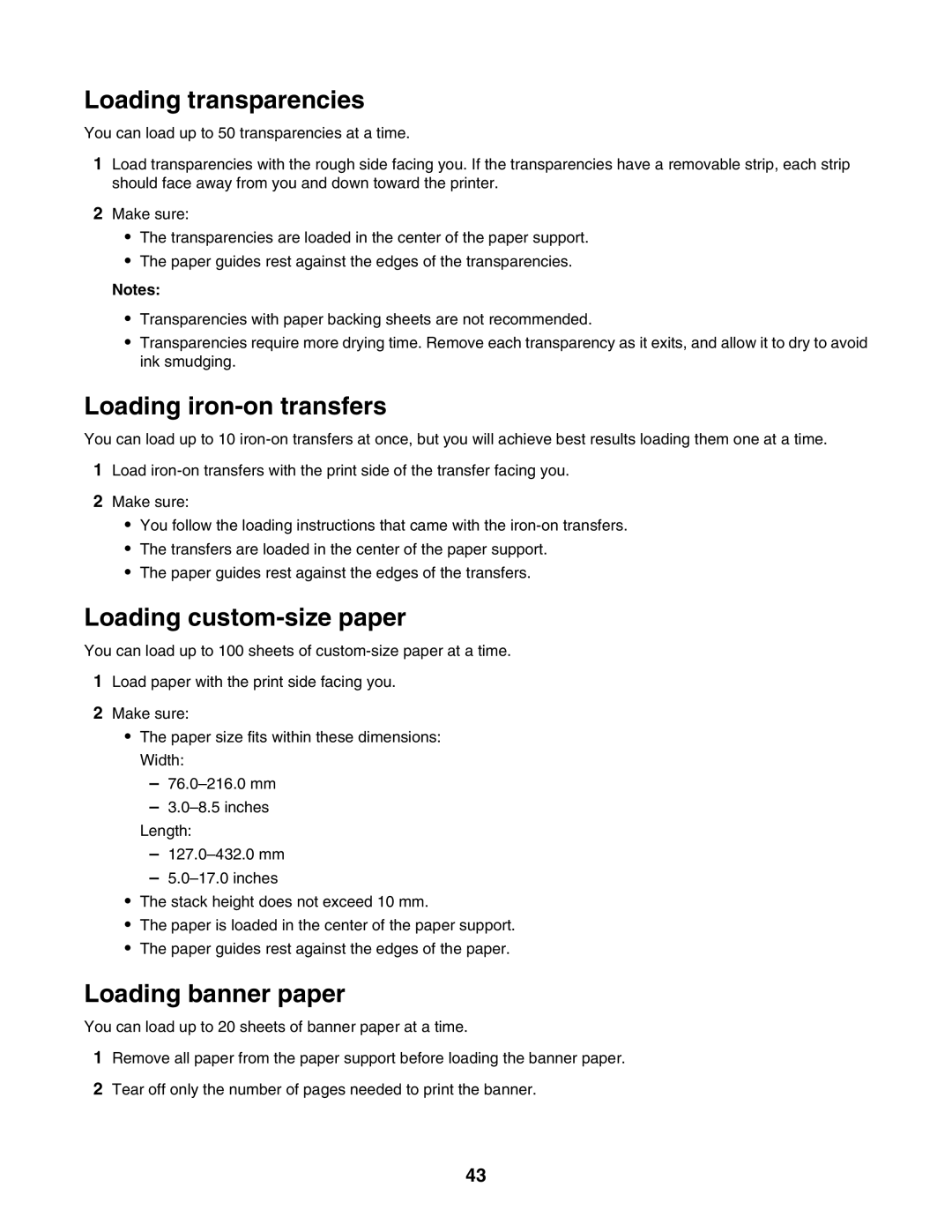 Lexmark 4800 Series Loading transparencies, Loading iron-on transfers, Loading custom-size paper, Loading banner paper 