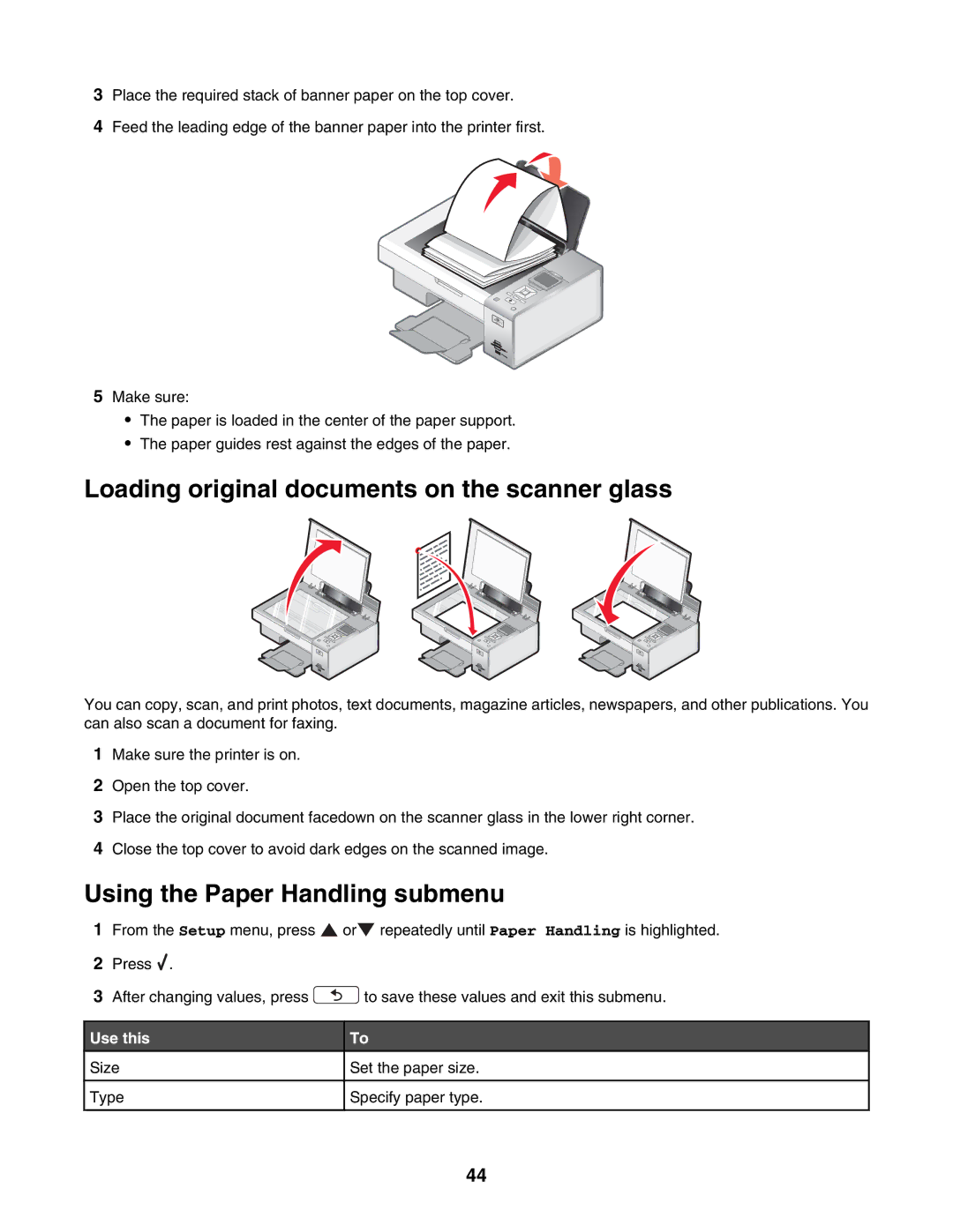 Lexmark 4800 Series manual Loading original documents on the scanner glass, Using the Paper Handling submenu, Use this 