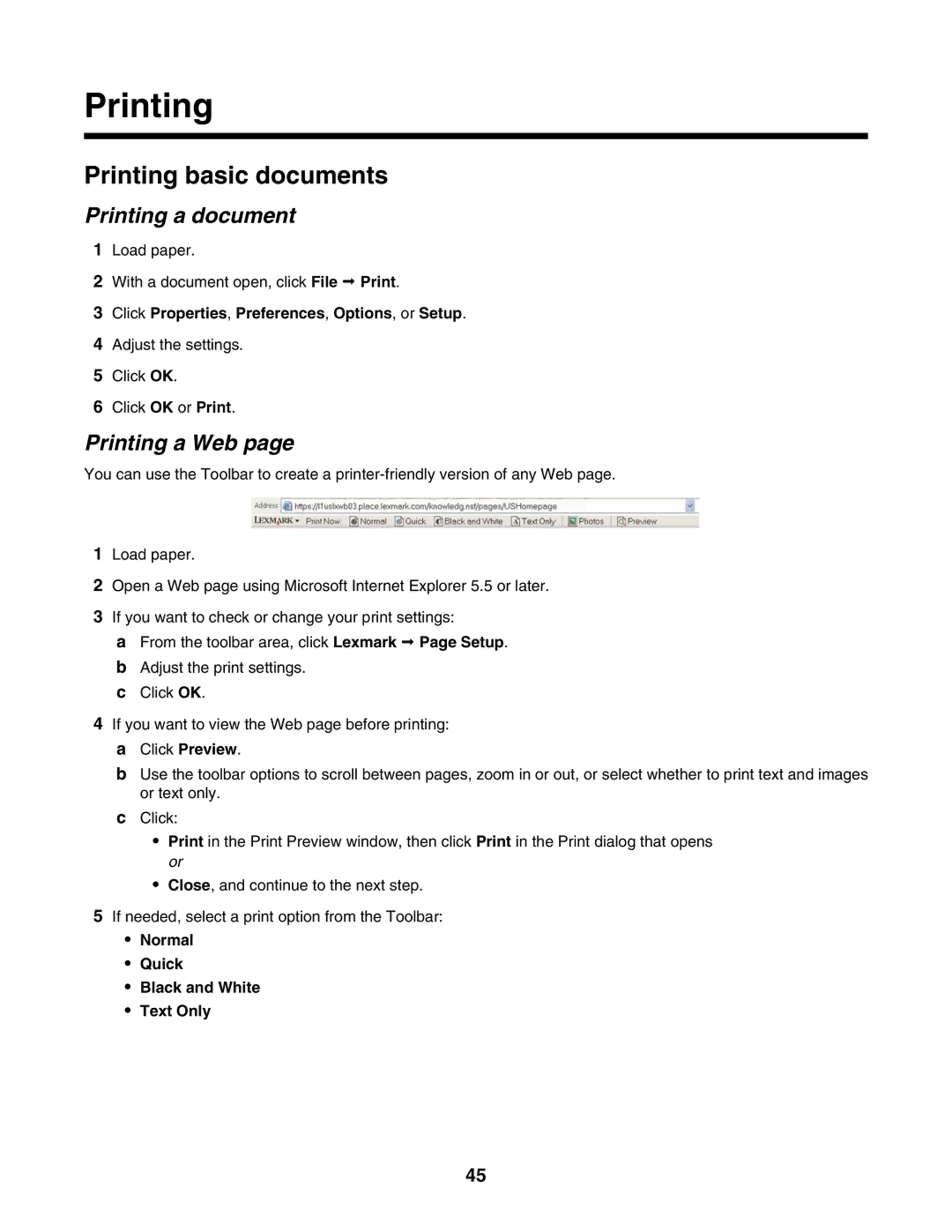 Lexmark 4800 Series manual Printing basic documents, Printing a document, Printing a Web 