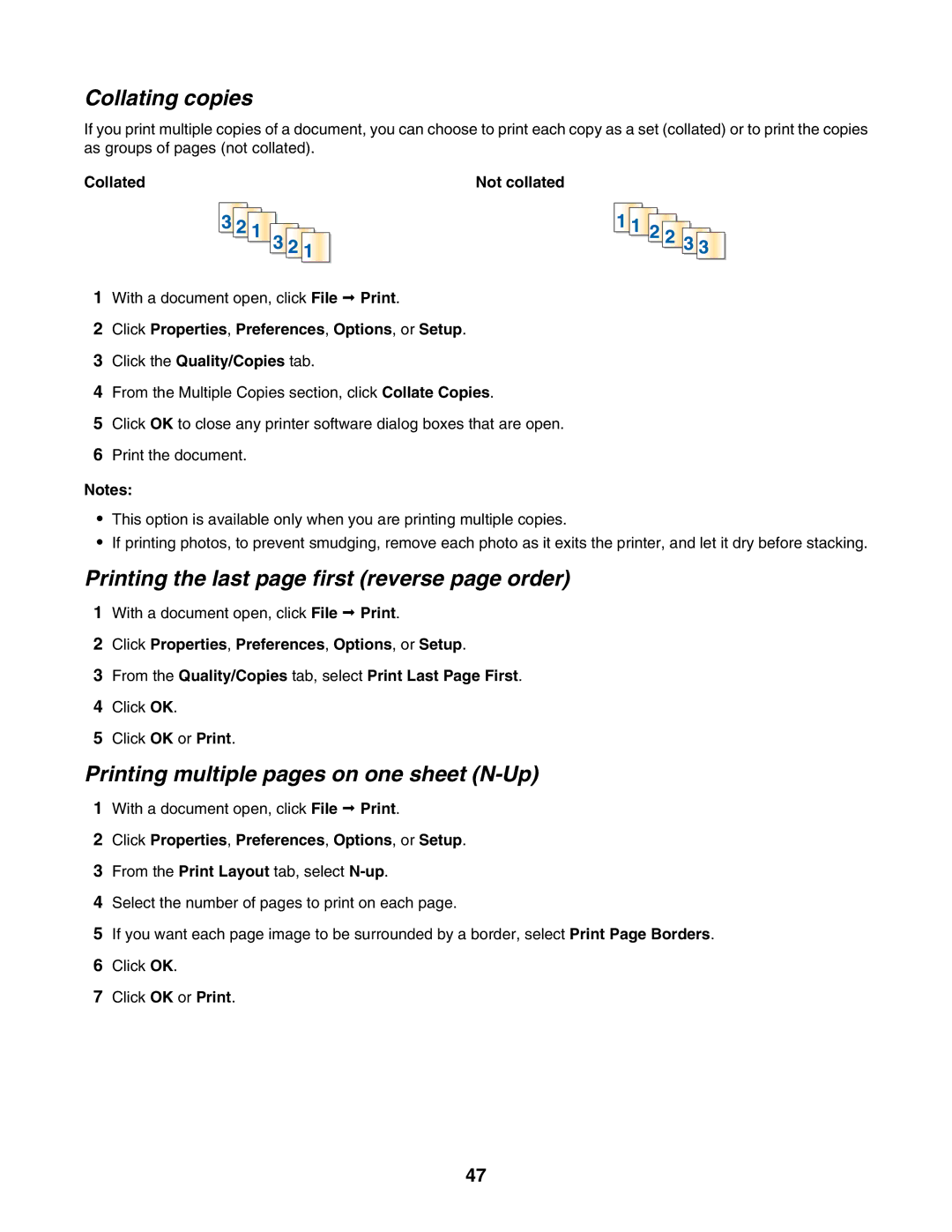 Lexmark 4800 Series manual Collating copies, Printing the last page first reverse page order, Collated Not collated 