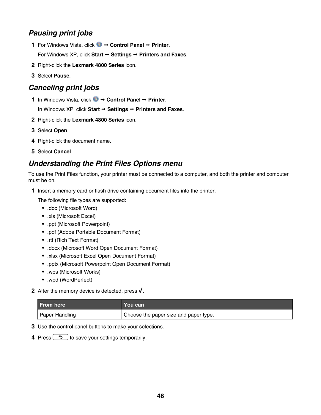 Lexmark 4800 Series manual Pausing print jobs, Canceling print jobs, Understanding the Print Files Options menu, From here 